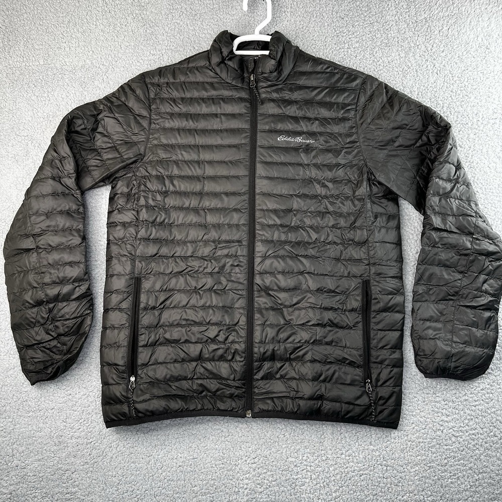 Eddie Bauer Mens Puffer Jacket Gray Quilted Full Zip Down Mock Neck M